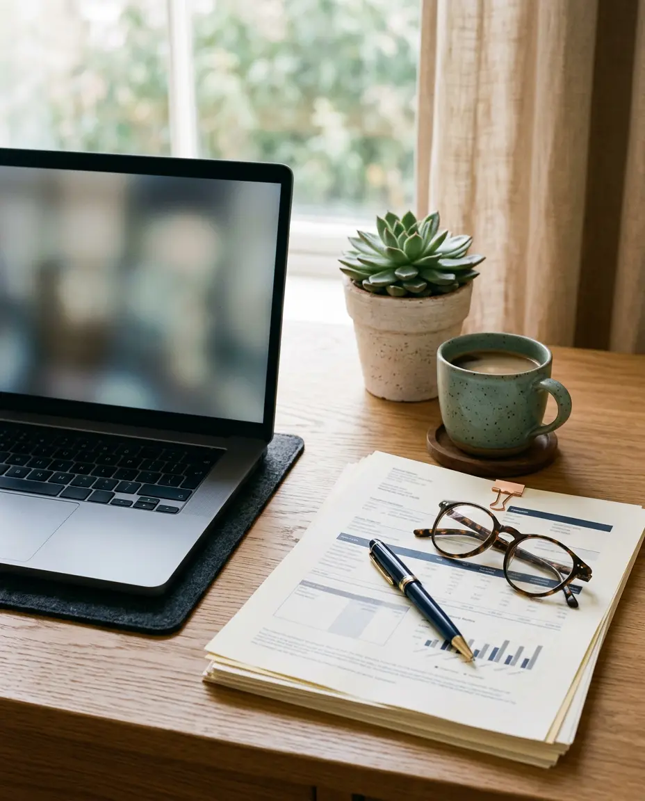 A tidy desk with a laptop, neatly stacked payroll reports, glasses and a cup of coffee