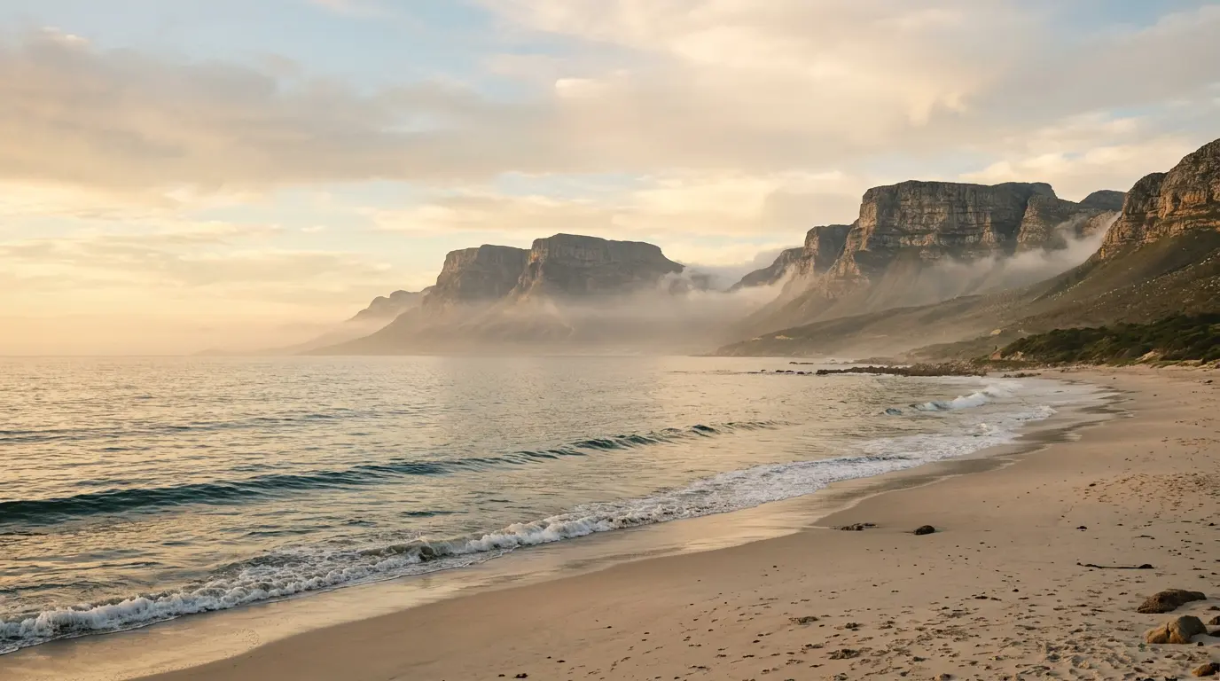 Calm ocean waves on a South African beach beneath a range of flat-topped mountains at golden hour